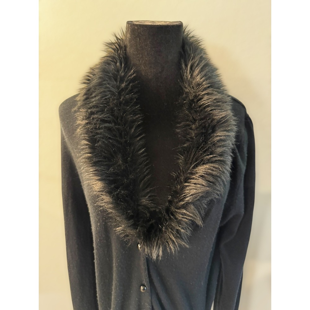 Y2K Goth‎ Shimmer Black Cardigan Sweater Faux Fur Collar Long Sleeve Womens